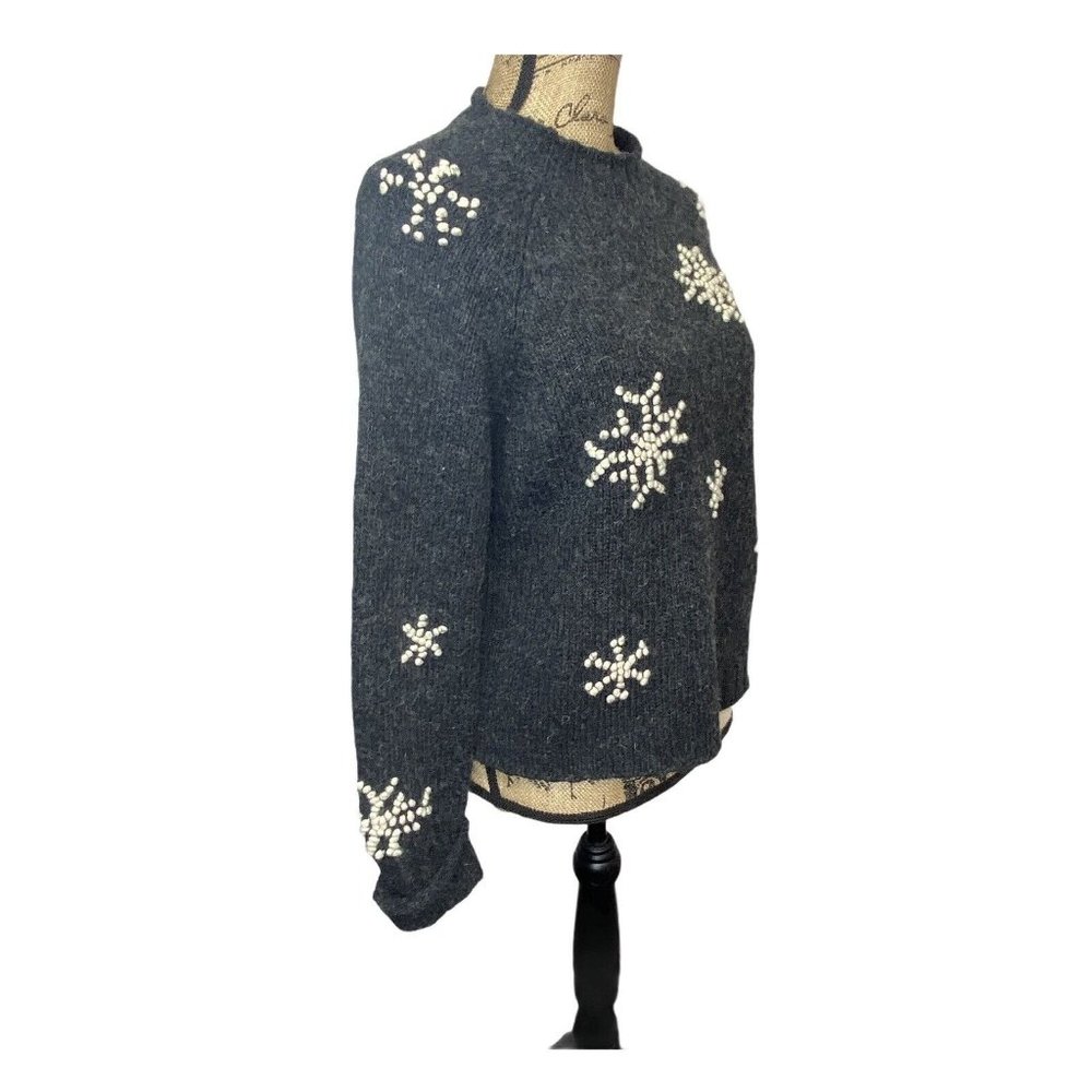 Marsh Landing Hand Knit Crew Snowflake Wool Blend Sweater Charcoal Gray M - Picture 5 of 12